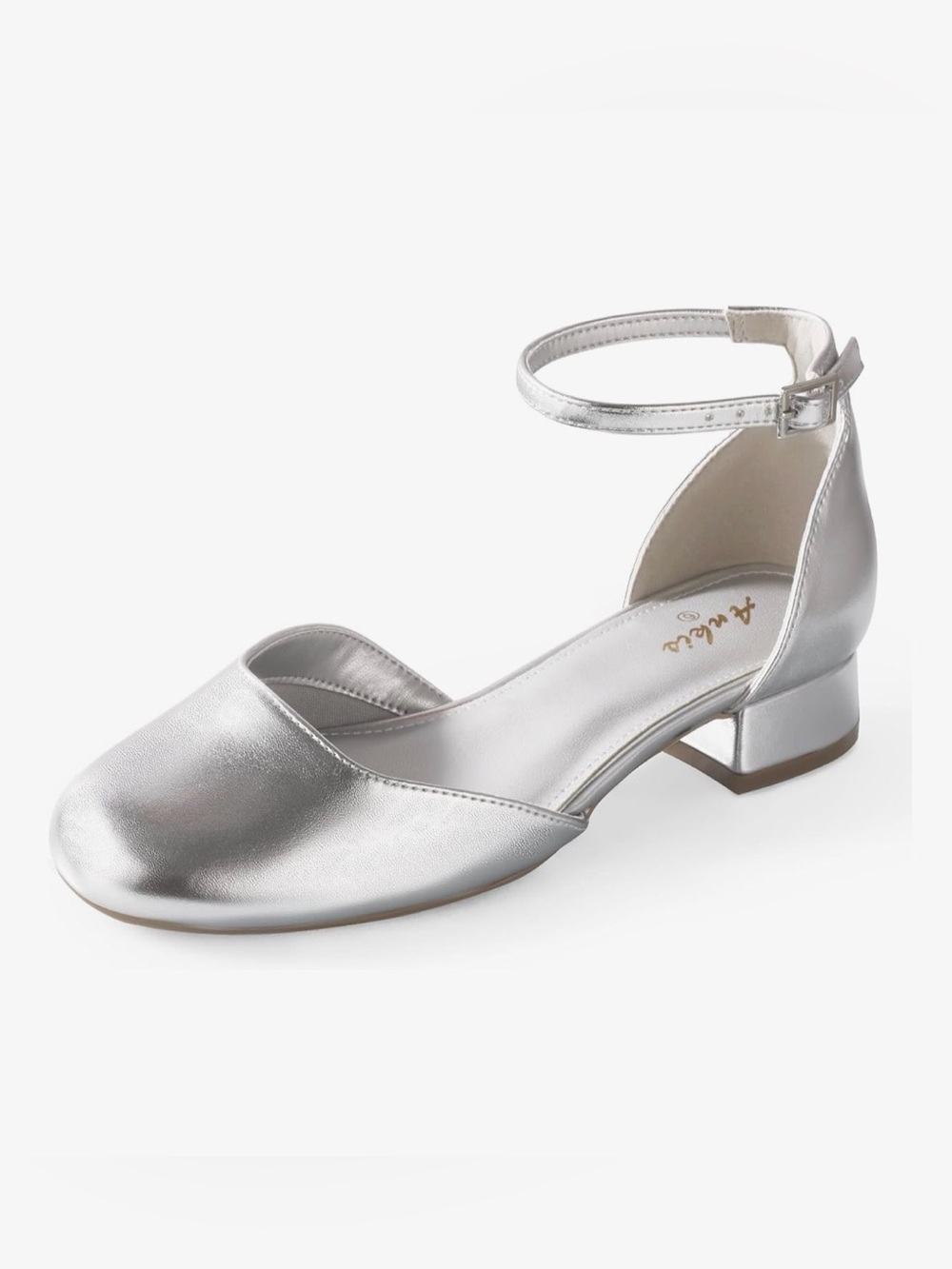 Ankis Silver Closed-Toe Pumps with Ankle Strap – Low Block Heel – Size 8.5